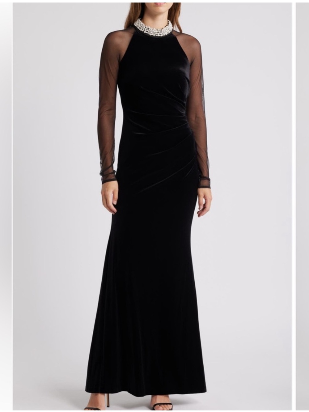 NEW Eliza J Black Ruched Long Sleeve Embellished Velvet Gown Maxi Dress Size